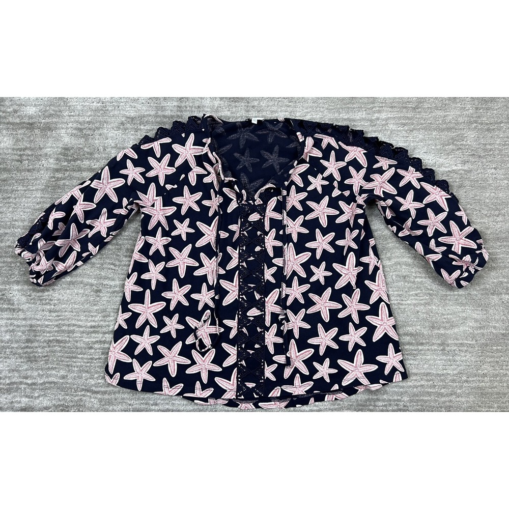 Crown & Ivy Blouse Womens PS Navy Blue Starfish Print Lace-Up Crochet Petite Top